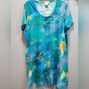 Parsley & Sage Short Sleeve Scoop Neck Turquoise Print Dress with Pockets, XL